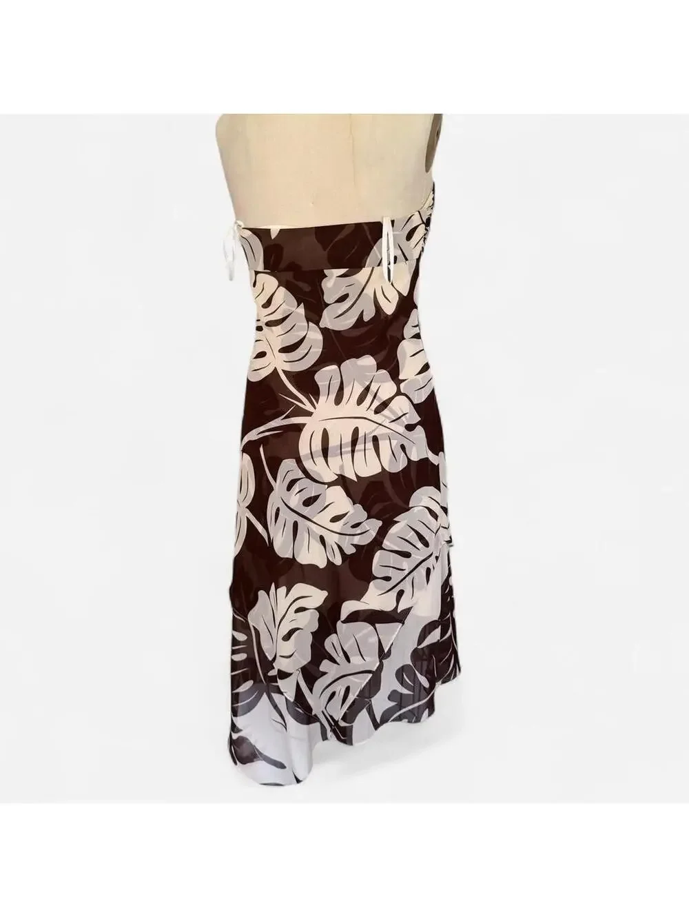 Y2K Tropical Brown Strapless Dress White Leaf Print B.Moss